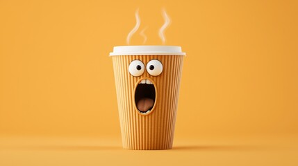 A surprised coffee cup with eyes and steam, set against a vibrant yellow background, creating a playful and whimsical atmosphere.
