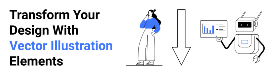 Woman contemplating design ideas, large downward arrow, robot presenting analytics on digital screen. Ideal for technology, teamwork, collaboration, digital trends, UIUX, innovation flat landing