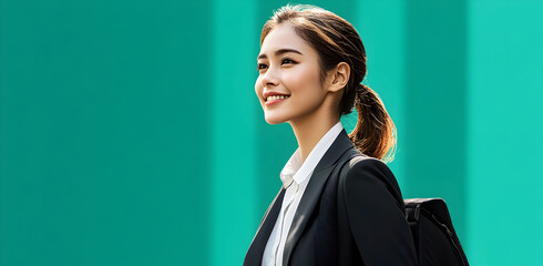 Confident Businesswoman Smiling Outdoors with Green Background


