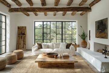 Bright and airy living room with rustic touch modern home interior design cozy environment wide angle view tranquility concept