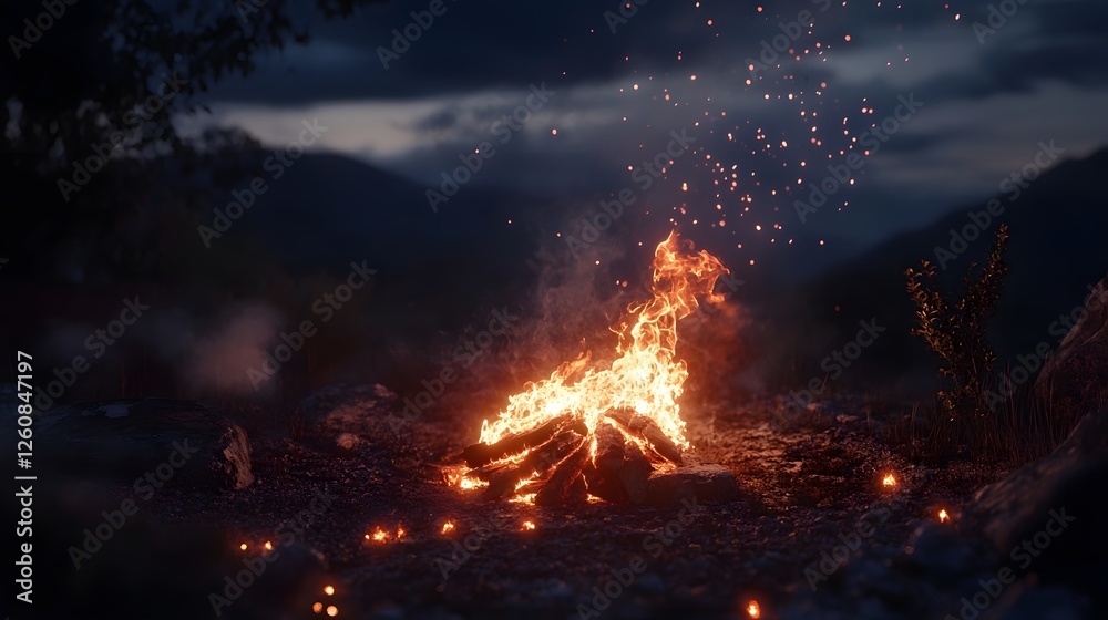 Aufkleber glowing campfire with flickering flames and embers under a starry night sky in a remote mountainous 