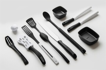 Ergonomic black and white utensils a designer kitchen gadget collection, modern minimalist design clean studio lighting watermark.