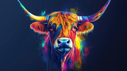Colorful Cow Portrait, Abstract Background, Digital Art