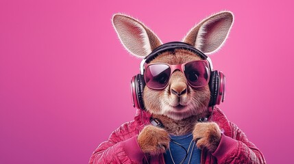 A stylish rabbit wearing sunglasses and headphones, set against a vibrant pink background, exuding a fun and playful vibe.