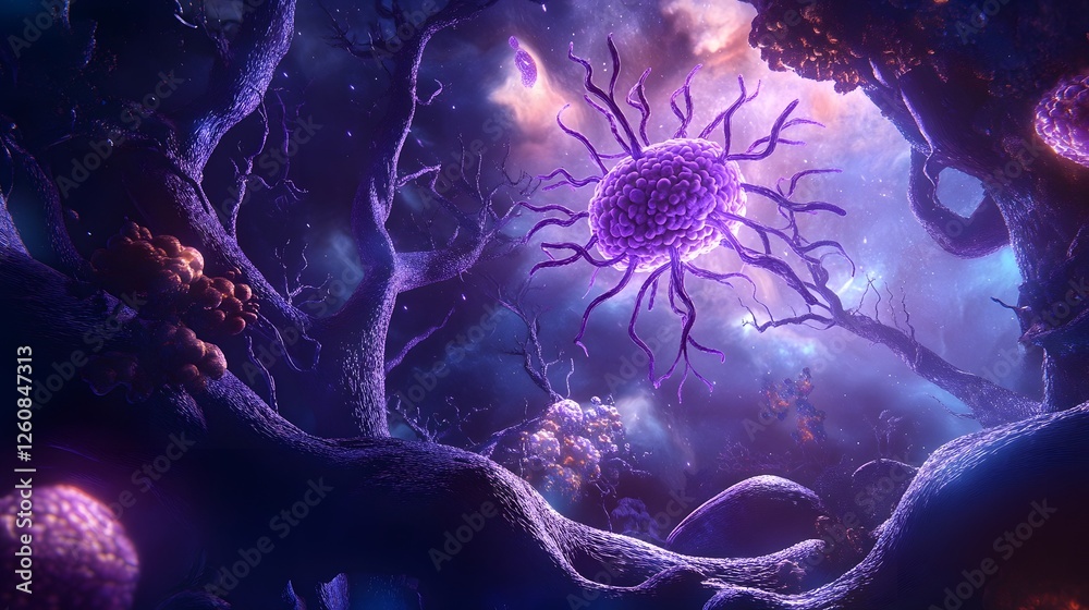 Poster glowing cosmic energy surging through intricate otherworldly organic structures in a moody mystical 