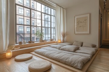 Minimalist bedroom design urban apartment interior photography modern environment natural light serenity concept