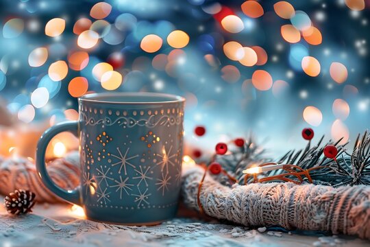 Coffee mug with christmas tree bokeh background.