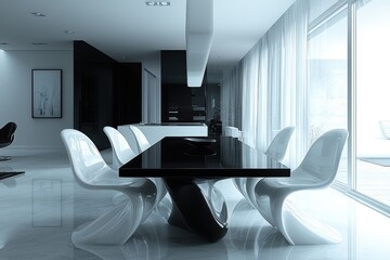 Sleek black dining space with high fidelity design modern home interior photography minimalist environment elegant viewpoint