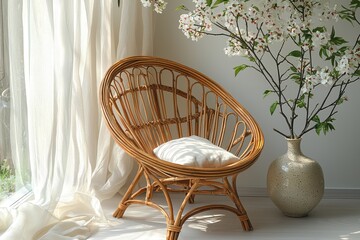 Serene japandi-style living room with rattan chair cozy home interior design minimalist aesthetic natural light tranquility