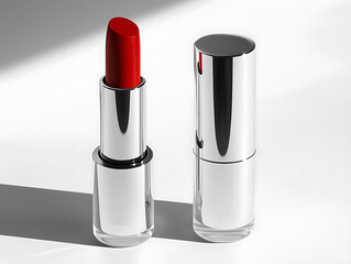 Sleek metallic lipstick tube with vibrant red shade.  Perfect for beauty, fashion, and cosmetic advertising.  Minimalist design, showcasing luxury and elegance.