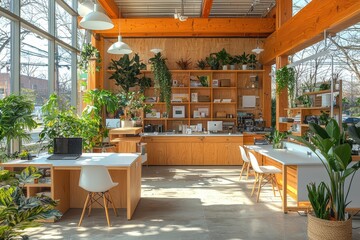 Contemporary office design featuring white ergonomic desks and abundant greenery urban setting high-quality space bright environment