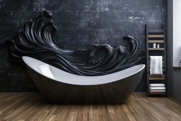 Modern black bathtub with wave design in a dark room
