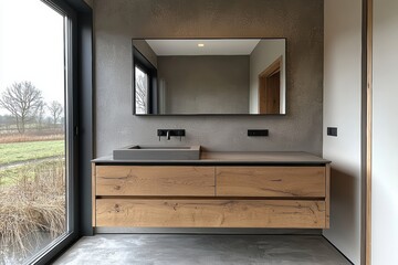 Modern minimalist bathroom design contemporary home high-quality image elegant space eye-level view luxurious aesthetic