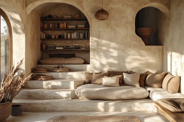 Cozy contemporary reading nook in earthy tones indoor space interior design minimalist environment inviting atmosphere