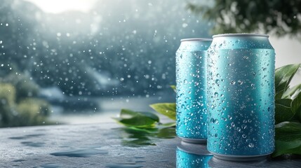 Refreshing drinks in rain, mountain scenery