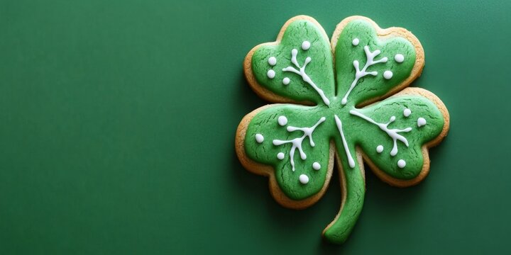 a shamrock-shaped cookie on a green background, symbolizing St. Patrick's Day, stock photo with copy space for text and banner.