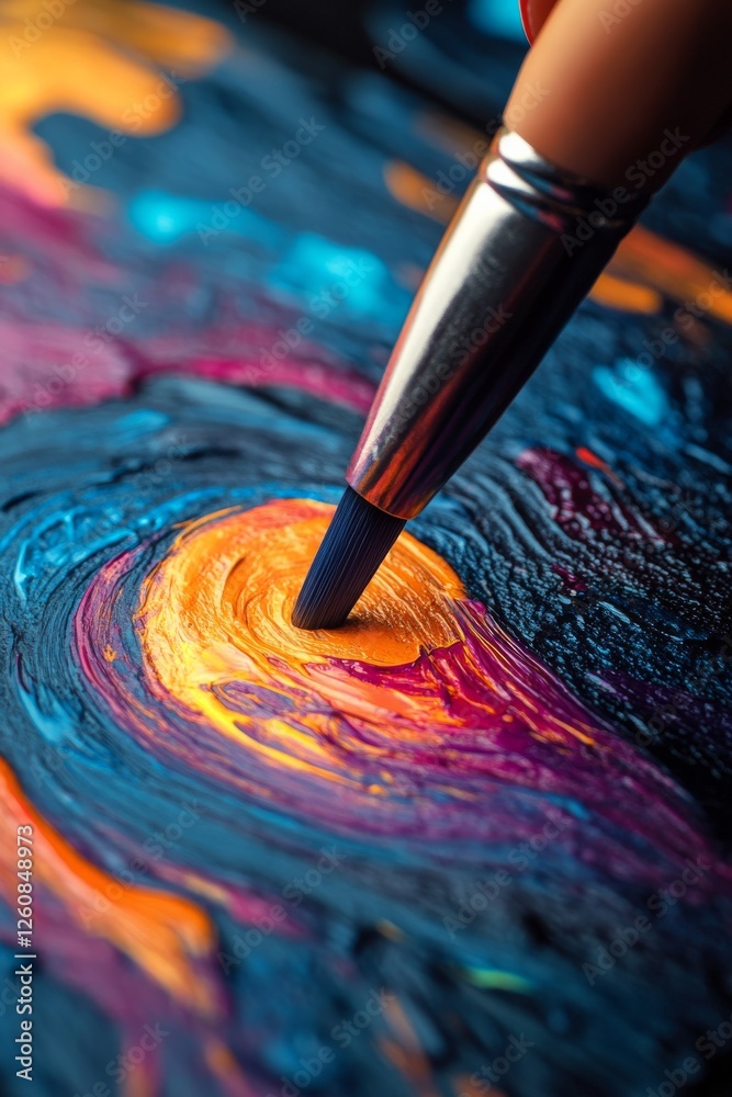 Poster capturing the creative flow: a close-up of a paintbrush applying vibrant colors to a canvas, showcas