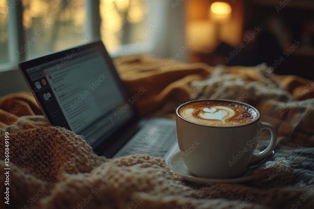 Poster cozy morning: laptop and latte art coffee on a knit blanket, creating a warm and relaxing workspace,