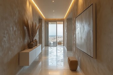Sleek hallway with whitewashed floor and recessed lighting modern home interior design bright room contemporary style