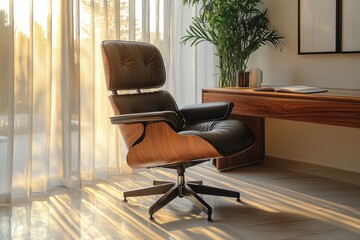 Minimalist home office with floating wooden desk modern interior high fidelity bright natural light cozy workspace