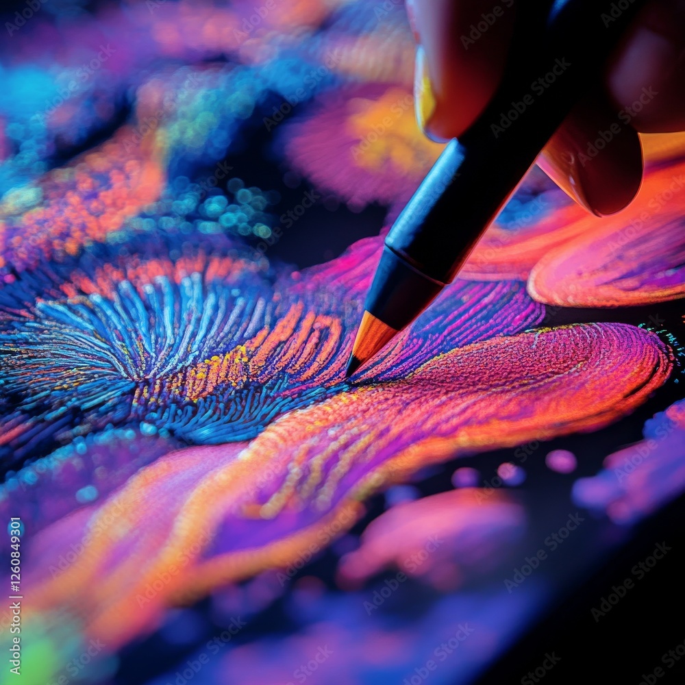 Fototapete Creating Luminescent Art: A Vibrant Exploration of Color and Form with Markers on Dark Surface, a Spectacular Display of Creativity