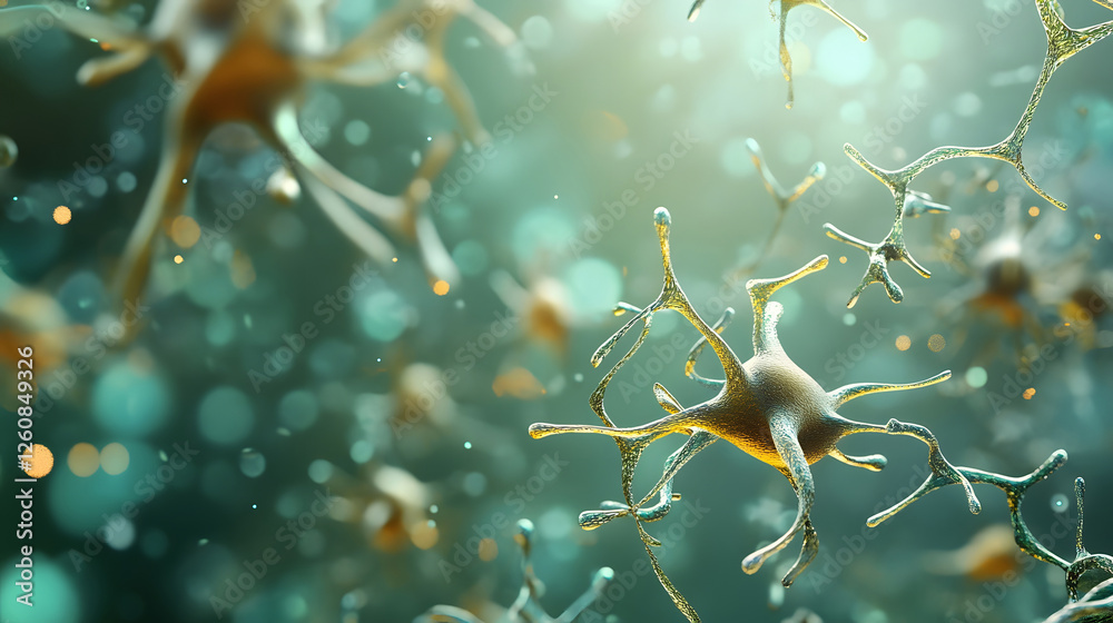 Poster Glowing neural network connections  Abstract 3D of a futuristic neuron cell structure with synaptic transmission and signaling  Represents the concept of neuroscience