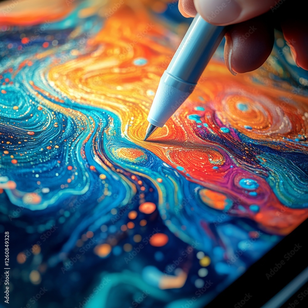Fototapete Creating Digital Art: Close-Up of Stylus on Tablet Display with Abstract Swirling Colors and Intricate Details, Illustrating Technology and Artistic Expression