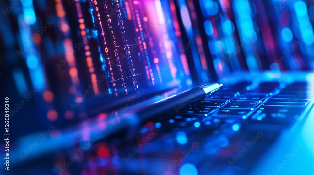 Poster cybernetic notebook: pen on illuminated keyboard reflecting binary code and futuristic data streams,