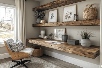 Minimalist home office design with floating wooden desk and high fidelity aesthetics cozy environment interior view