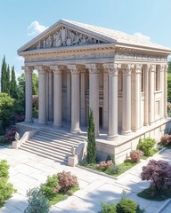 A majestic ancient temple surrounded by lush greenery and vibrant flowers, showcasing classic architectural beauty under a clear blue sky.