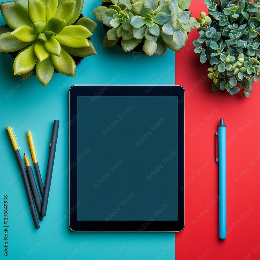 Poster flat lay of tablet device with blank screen, succulents, and pens on a split turquoise and red backg