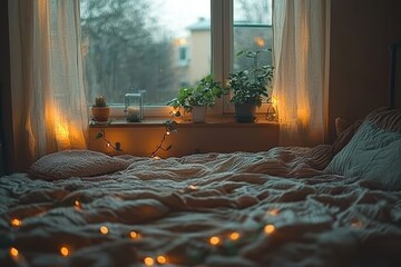 Cozy bedroom with soft linen drapes and warm lights urban home interior photography serene atmosphere inviting concept