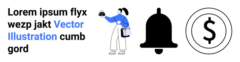 Woman carrying a small object, bell as a notification icon, and dollar sign symbol. Ideal for finance, e-commerce, productivity, savings, notifications business online shopping. Flat landing page