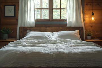 Cozy clutter-free bedroom rustic cabin interior design natural light peaceful retreat serenity