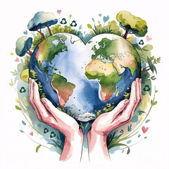 Earth day poster: hands supporting the planet in the shape of a heart. Symbol of caring for the environment. 
