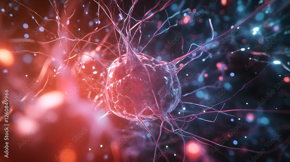 Poster Glowing Neural Network of Futuristic Biological Anatomy  Intricate microscopic digital showcasing the complex interconnected structure and electric activity of the human nervous system