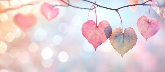 Colorful decoration of hearts leaves hanging on a branch