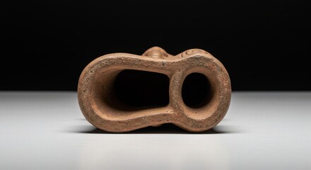 A closeup reveals an ancient, doubleholed terracotta vessel. Its rough texture and earthy tones suggest an archaeological find. The objects unique shape is clearly visible.