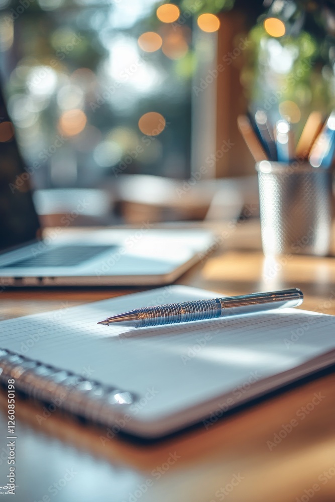 Poster notebook and pen on desk in bright office space for work, planning, and creativity: a close-up study