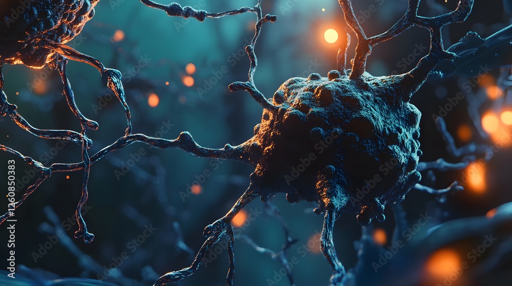 Fototapete glowing neural network of interconnected synaptic cells in futuristic digital artwork
