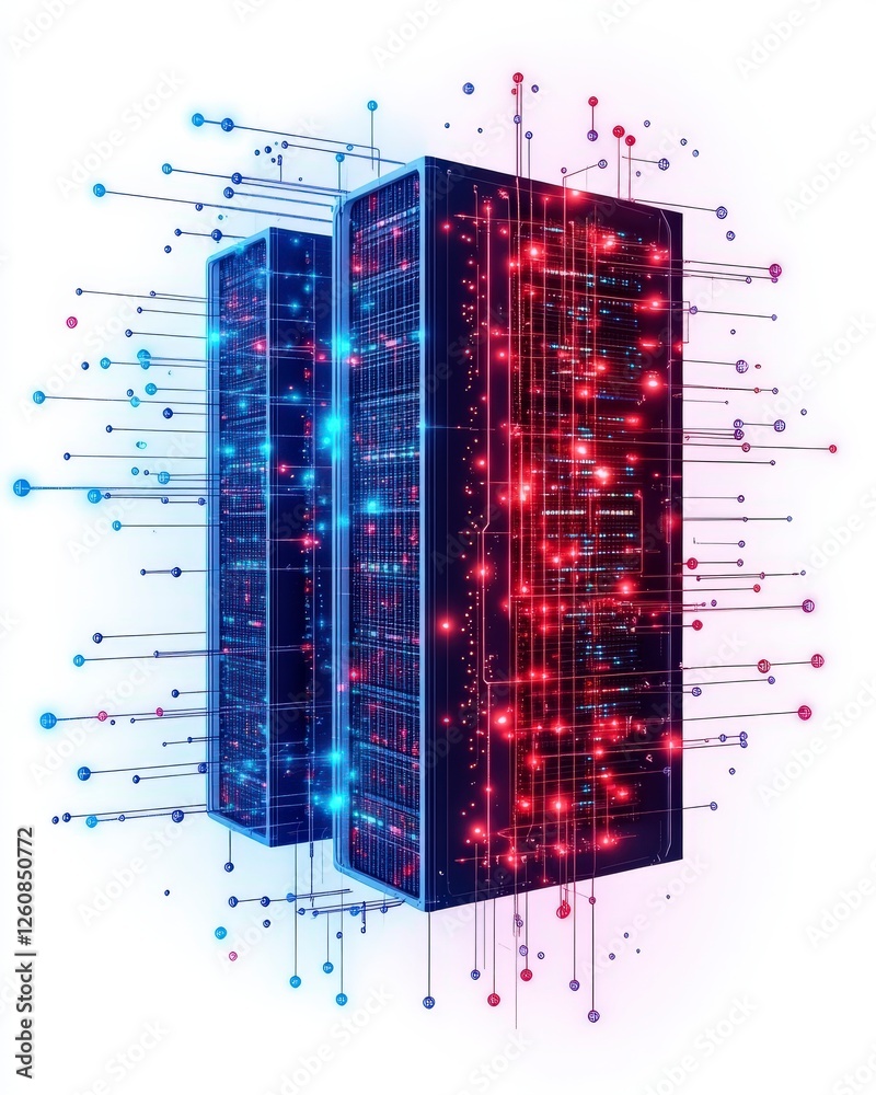 Poster abstract depiction of server towers with colorful data streams, representing digital technology and 