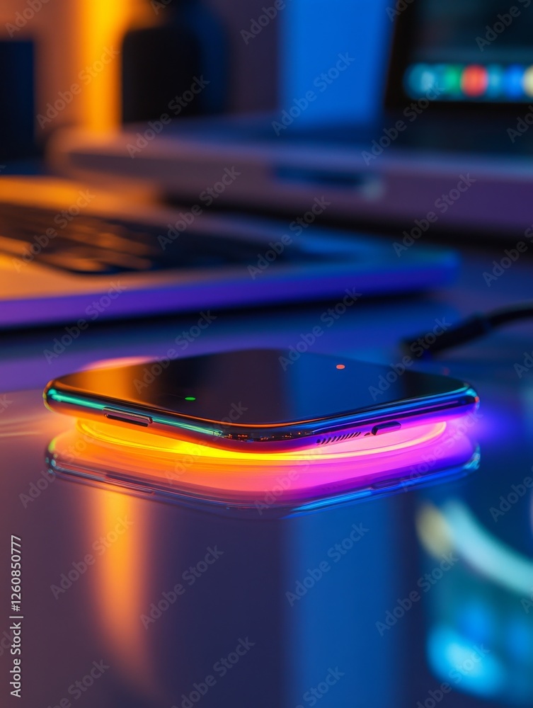 Poster smartphone charging on a wireless pad under neon lights: futuristic tech on a reflective surface wit