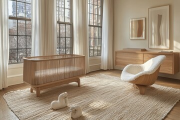 Serene neutral-toned nursery design modern home interior decor calm environment wide angle minimalist concept