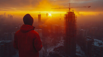 Fototapeta premium A skyscraper under construction, surrounded by fog and other high-rise buildings, illuminated by the golden sunset