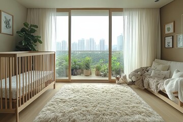 Calm nursery design for infants urban apartment interior decor cozy environment serene view soft aesthetic