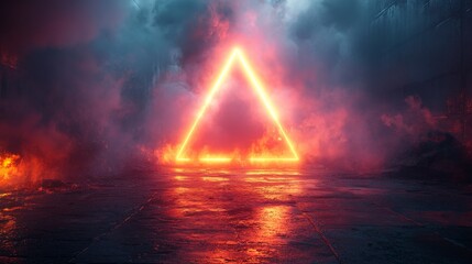 A glowing triangular shape emerges from a misty landscape with vibrant colors, creating a mystical and dramatic atmosphere.