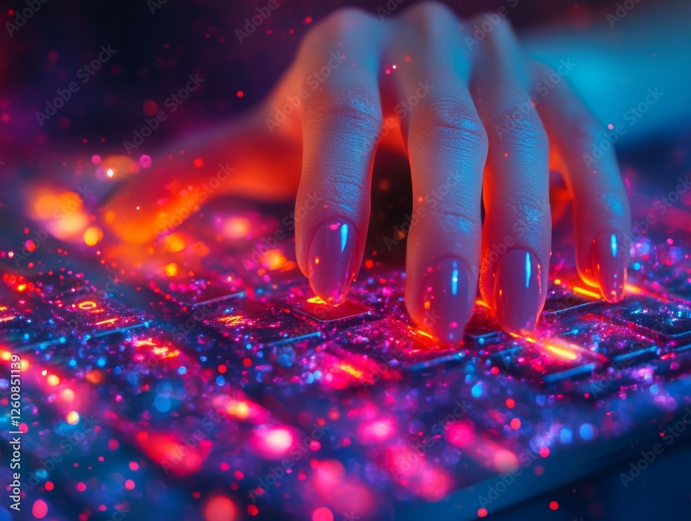 Poster Typing on a Neon Keyboard: A Hand Presses Keys on a Vibrant, Illuminated Keyboard in a Futuristic, High-Tech Setting with a Glowing and Colorful Ambiance