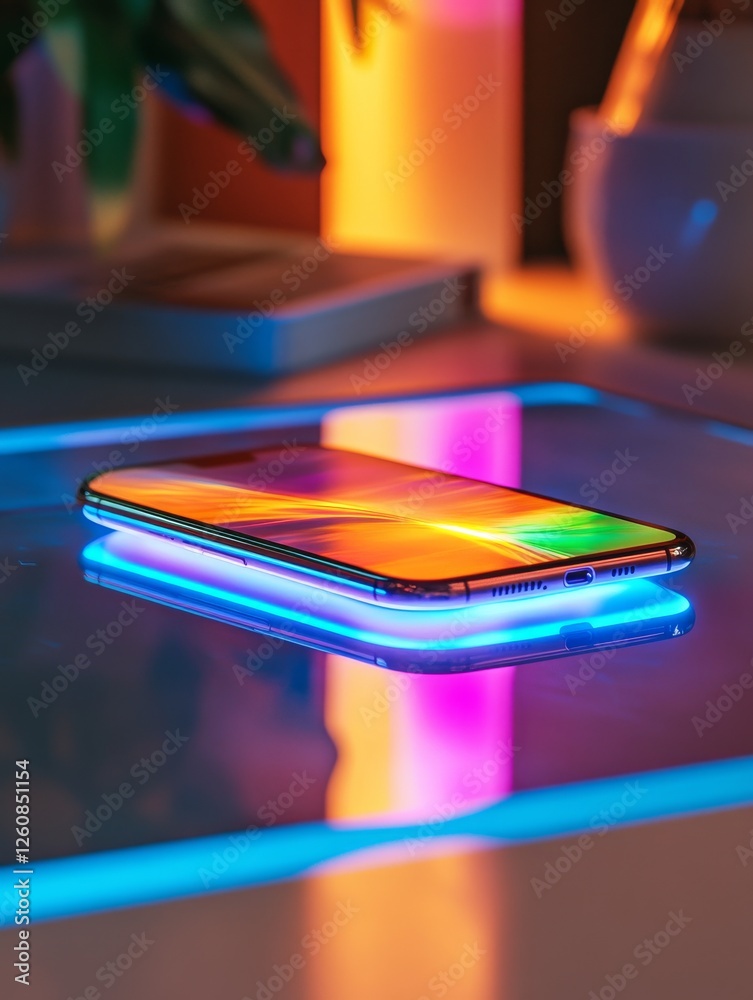 Poster vibrant smartphone display reflection: neon lights accentuate modern technology on a glass surface, 