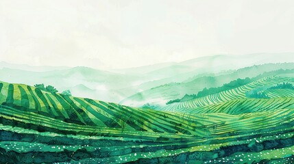 Chinese style mountain landscape Aerial view of the green tea garden, a white background and light blue and green lines