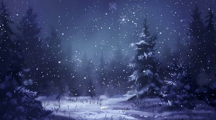 Naklejka premium Winter forest with trees and snowflakes on a dark blue background